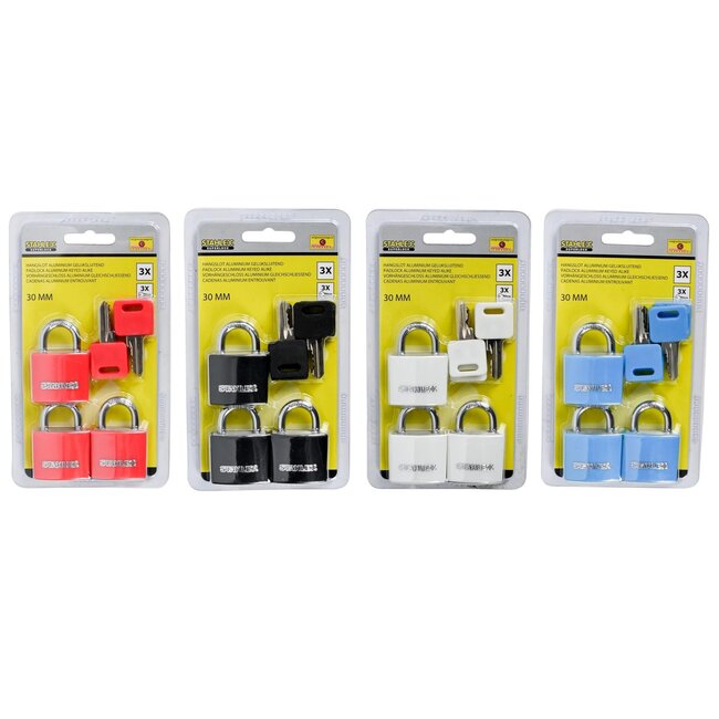 Stahlex Kleurrijk aluminium hangslot - 30 mm - gelijksluitend - set van 3