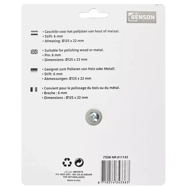 Hofftech Polijstschijf katoen - Ø 125 x 22 mm - wit - 6 mm stift - voor hout en metaal