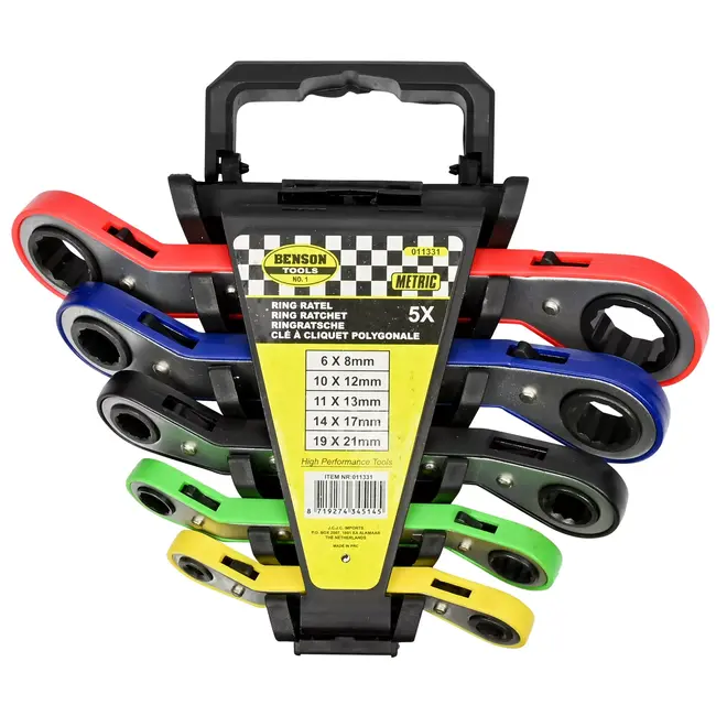 Benson Kleurrijke ring ratelsleutelset - 5-delig - 6 t/m 21 mm - Metrisch - Gebogen ontwerp