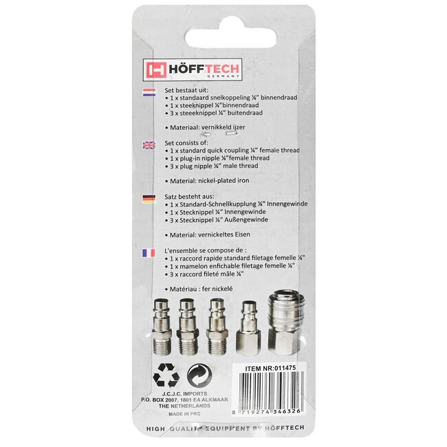 Hofftech Set luchtkoppelingen - 1/4" - 5-delig - voor persluchtsystemen - betrouwbare kwaliteit