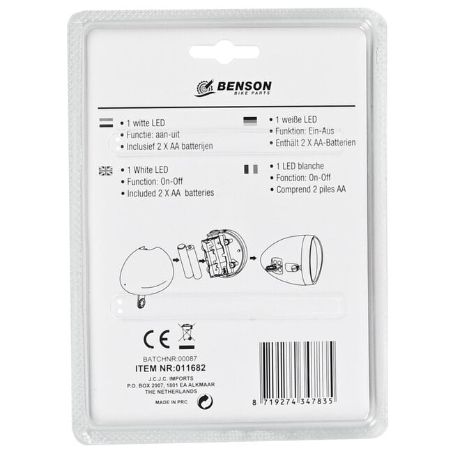 Benson Retro fietskoplamp - chroom - 1 LED - 15 meter zicht - inclusief batterijen
