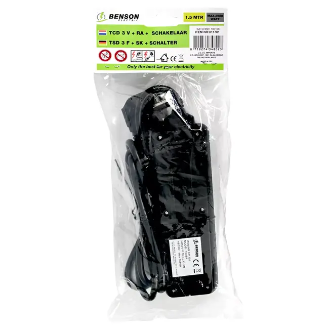 Benson Stekkerdoos met schakelaar - 3-voudig - geaard - 1,5 meter - zwart