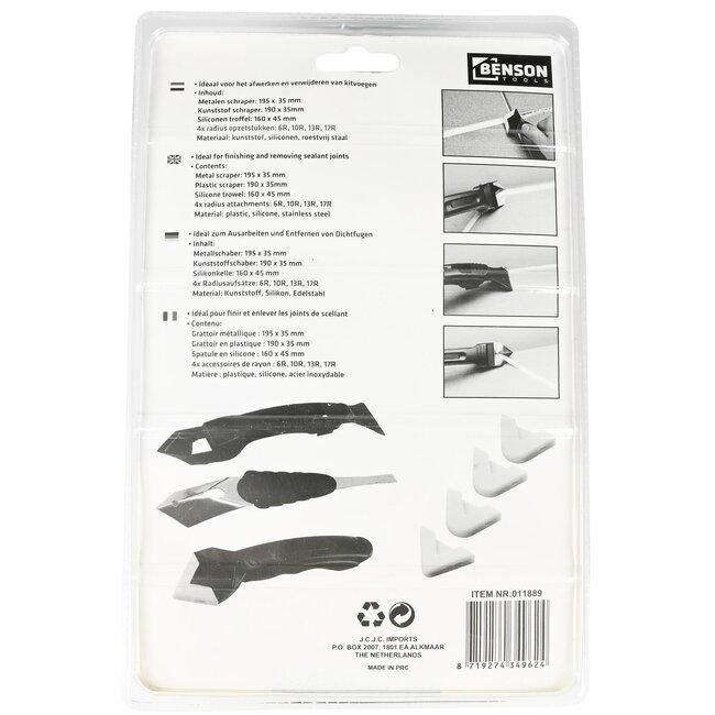 Benson Kitspatel set - 8-delig - Flexibel kunststof en metalen schraper - Inclusief radius opzetstukken