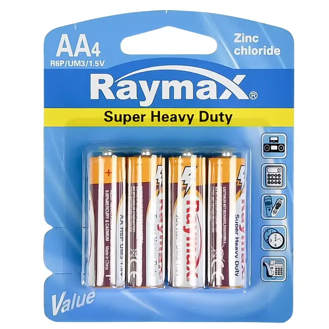 Raymax AA batterijen - zink - 4 stuks - lange levensduur - ideaal voor laag stroomverbruik