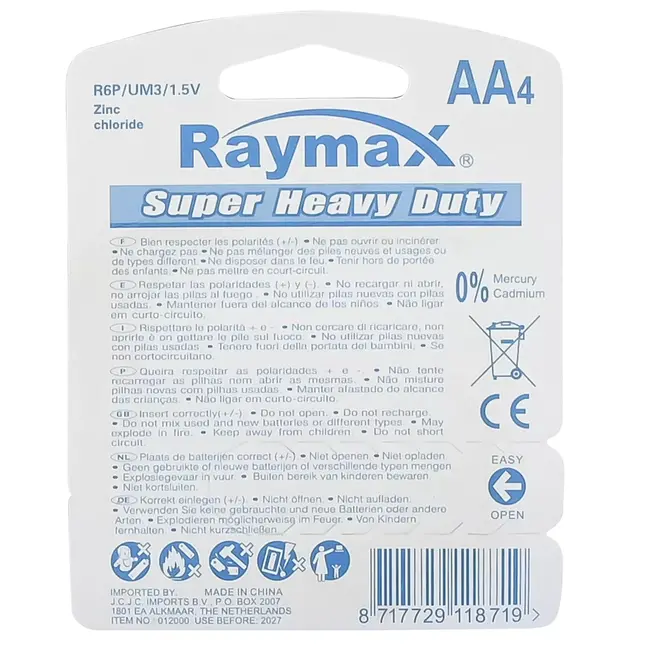 Raymax AA batterijen - zink - 4 stuks - lange levensduur - ideaal voor laag stroomverbruik