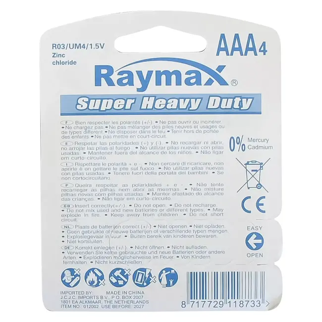 Raymax AAA batterijen - zink - 4 stuks - lange levensduur - 1.5V