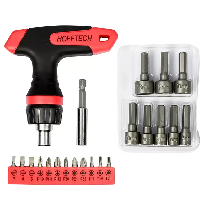 Hofftech 21-delige dopsleutelset - ratel T-greep - veelzijdige bitdoppen - kwaliteitsgereedschap