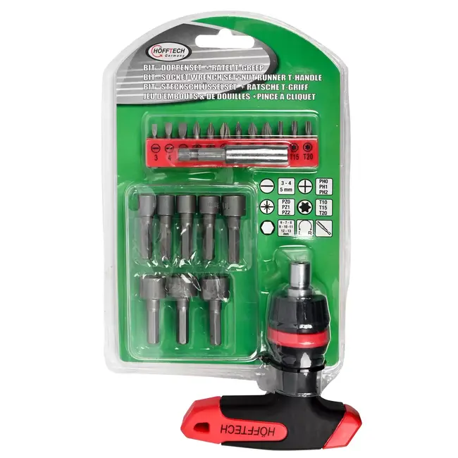 Hofftech 21-delige dopsleutelset - ratel T-greep - veelzijdige bitdoppen - kwaliteitsgereedschap