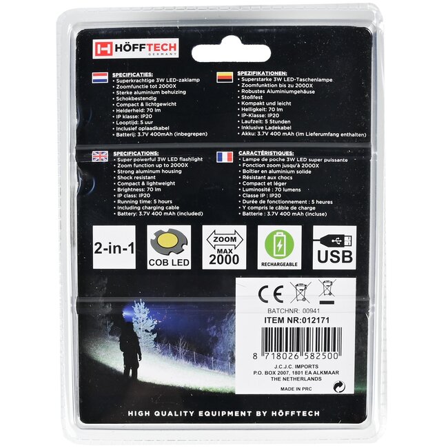 Hofftech Tactical zaklamp - zoomfunctie - LED COB - oplaadbaar - 10 cm - zwart