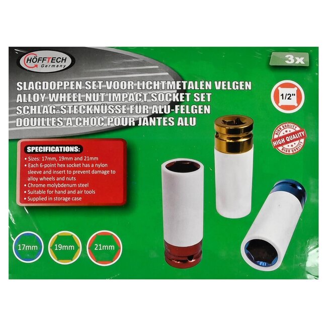 Hofftech Slag-krachtdop set - 17, 19, 21 mm - CrV staal - 3 stuks - kleurgecodeerd