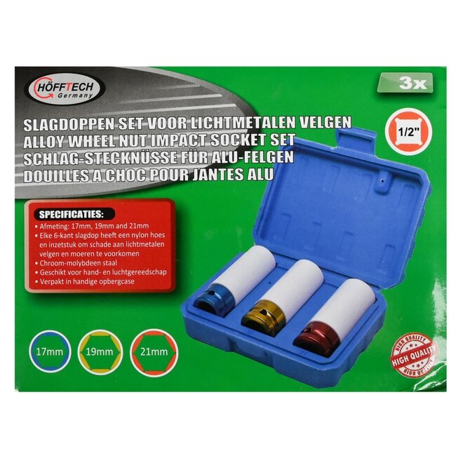 Hofftech Slag-krachtdop set - 17, 19, 21 mm - CrV staal - 3 stuks - kleurgecodeerd