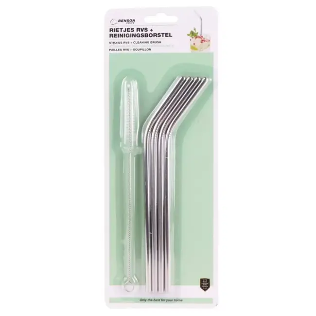 Benson Herbruikbare RVS rietjes - 21 cm - Afwasbaar - 4 stuks - Inclusief afwasborstel