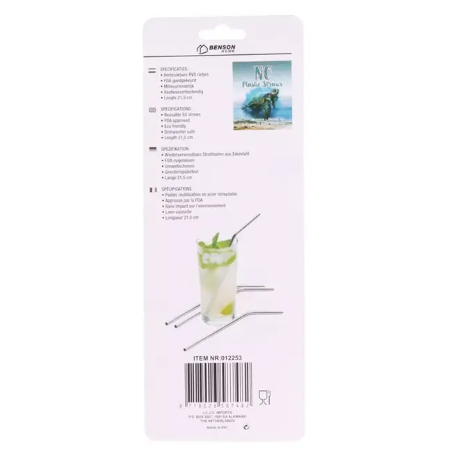 Benson Herbruikbare RVS rietjes - 21 cm - Afwasbaar - 4 stuks - Inclusief afwasborstel