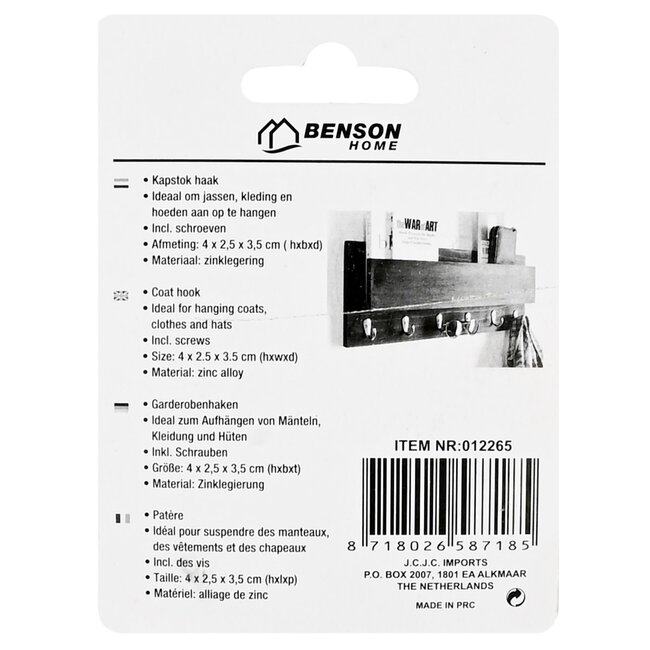 Benson Metalen kapstokhaken - Dubbele haken - 4 x 2.5 x 3.5 cm - 2 stuks