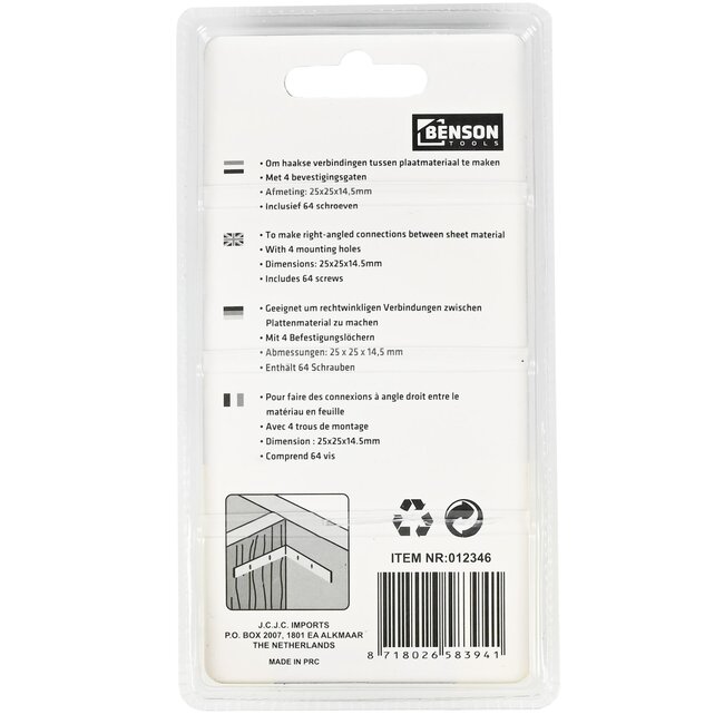 Benson Stoelhoek - Verzinkt IJzer - Inclusief Schroeven - 25 x 25 x 14.5 mm - 16 stuks