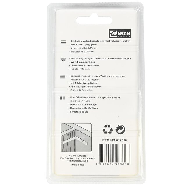 Benson Stoelhoek - IJzer - Inclusief Schroeven - 40 x 40 x 15 mm - 12 stuks - Roestbestendig