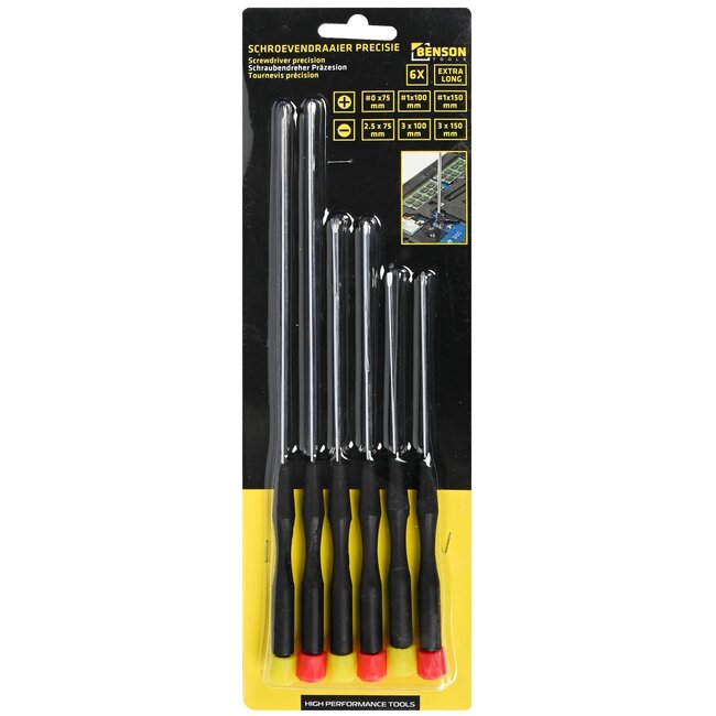Benson Precisie schroevendraaierset - extra lang - 6 stuks - platkop en kruiskop