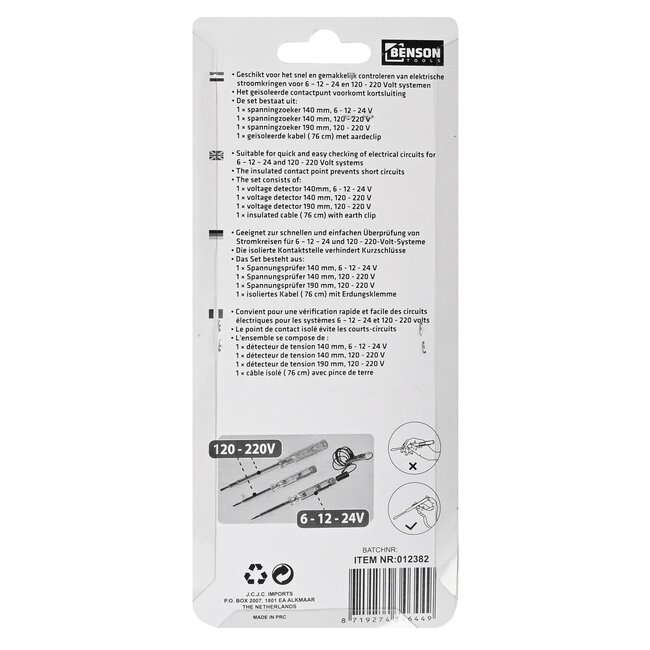 Hofftech Spanningzoeker set - 6/12/24 Volt - 4-delig - Geïsoleerde kabel en aardeclip