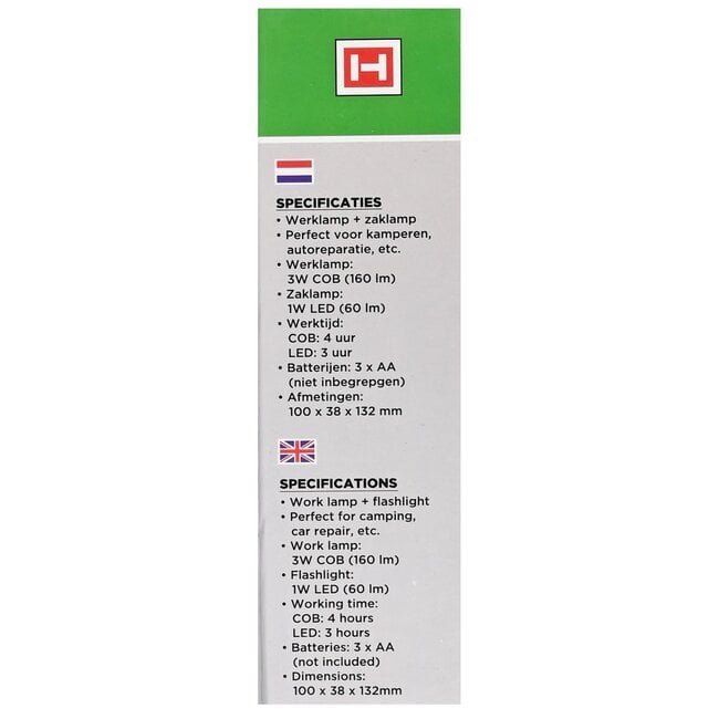 Hofftech Draagbare COB-werklamp en LED-zaklamp - 1W + 0.5W - 100 x 38 x 132 mm