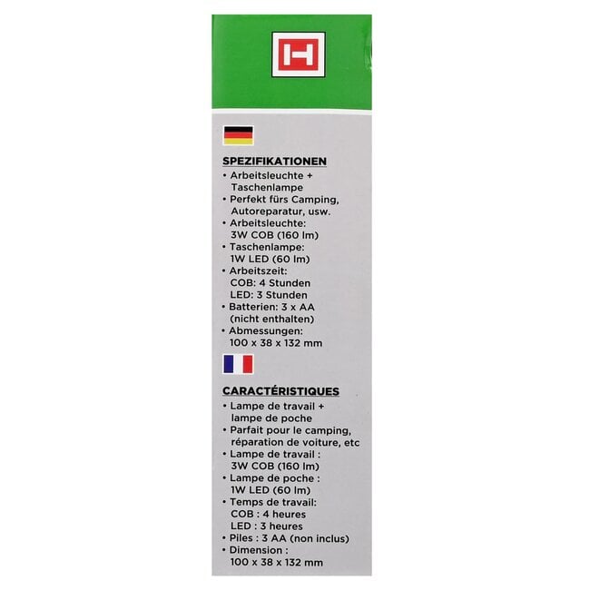 Hofftech Draagbare COB-werklamp en LED-zaklamp - 1W + 0.5W - 100 x 38 x 132 mm