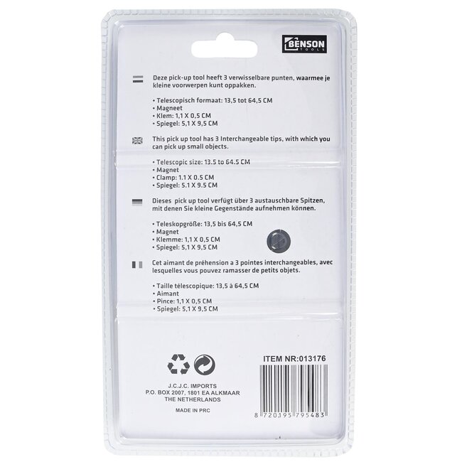 Benson Pick-up tool 3-in-1 - Magneet, spiegel en klem - Telescopisch 13.5-64.5 cm