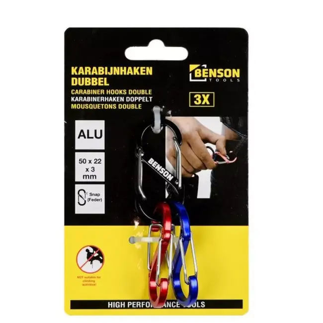 Benson Dubbele karabijnhaak set - 22 x 50 mm - Zwart, rood en blauw - 3 stuks