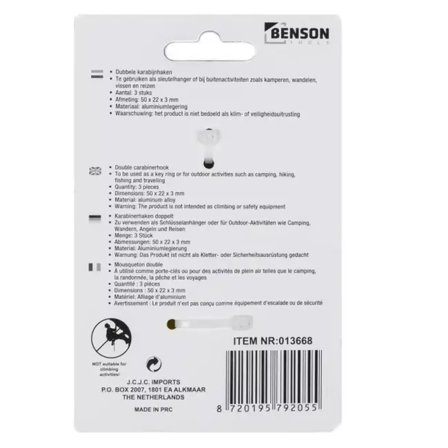 Benson Dubbele karabijnhaak set - 22 x 50 mm - Zwart, rood en blauw - 3 stuks