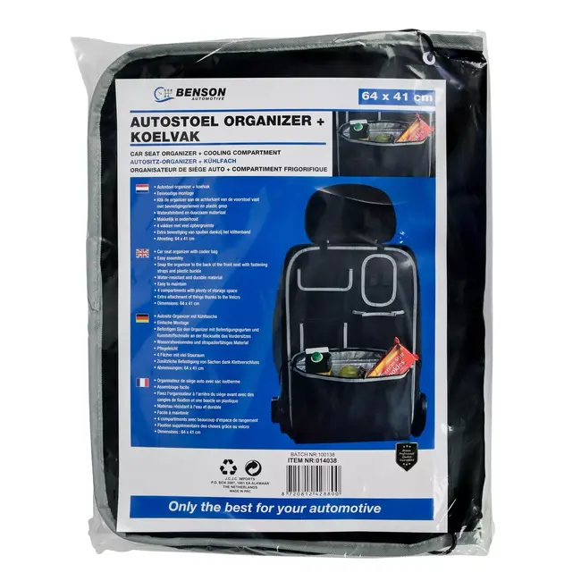 Benson Autostoel organizer met koelvak - waterafstotend - 64 x 41 cm - 4 vakken