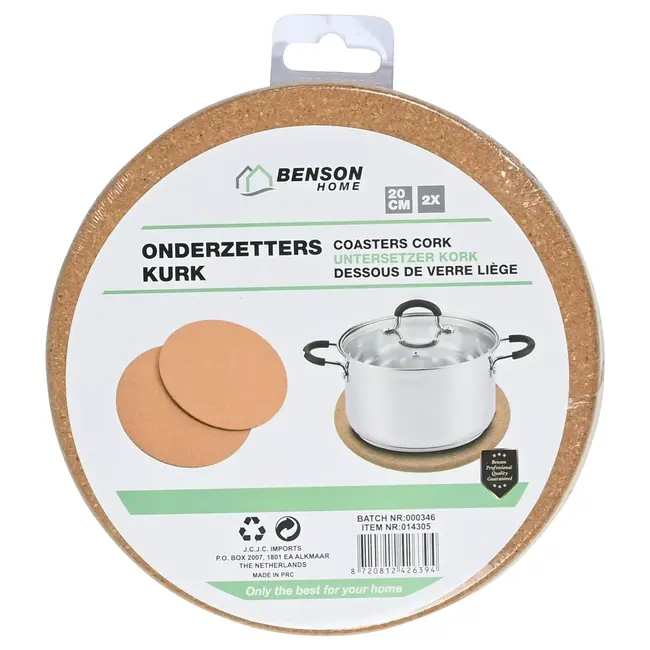 Benson Set van 6 kurken onderzetters - 10 cm diameter - voor glazen en bekers