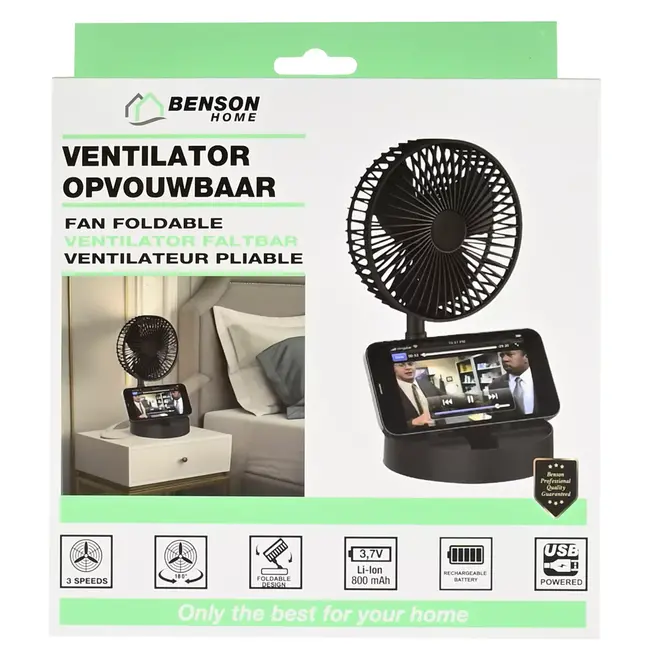 Benson Compacte USB Ventilator - 3 Windsnelheden - Draagbaar en Oplaadbaar