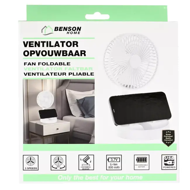 Benson Compacte USB Ventilator - 3 Windsnelheden - Draagbaar en Oplaadbaar - Wit