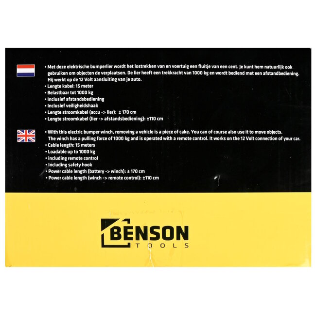 Benson Elektrische Lier 12V - 2000 lbs - Met Afstandsbediening - 15m Kabel