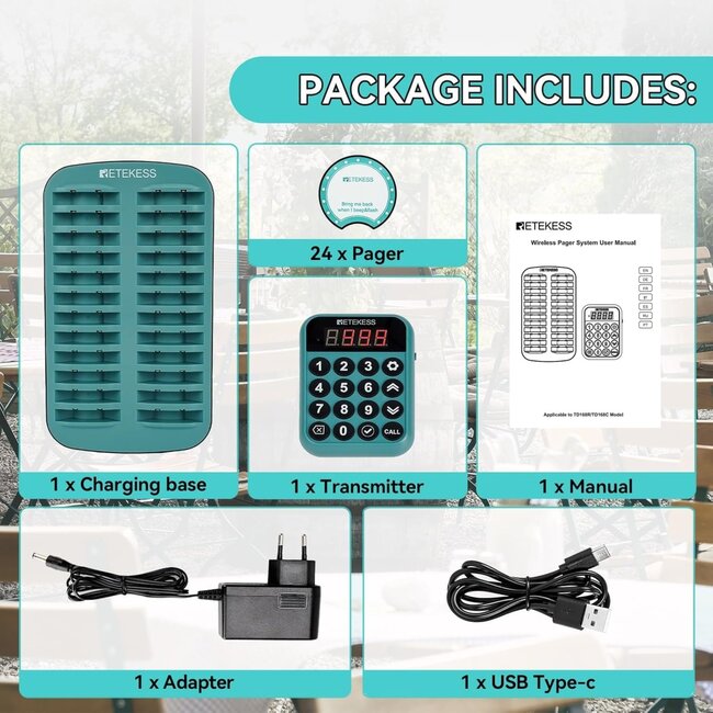 Retekess gastenoproepsysteem - kunststof - 38,1 x 23,4 x 23,4 cm - zwart - 400 m bereik, 7 modi - 24 ontvangers - horeca