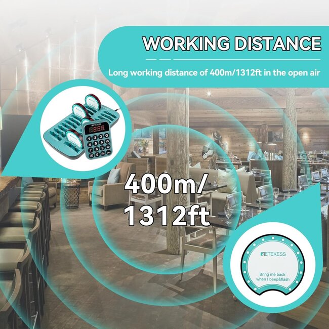 Retekess gastenoproepsysteem - kunststof - 38,1 x 23,4 x 23,4 cm - zwart - 400 m bereik, 7 modi - 24 ontvangers - horeca