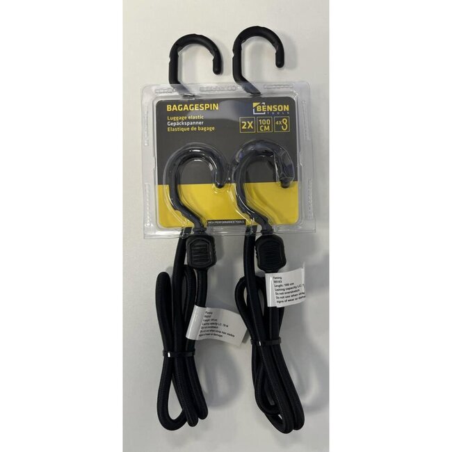 Benson Elastische bagagespin - 100 cm - Zwart - 2 stuks - sterke haken