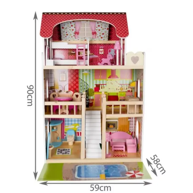 Kruzzel Houten Poppenhuis - Villa met Zwembad - Inclusief LED Verlichting en Meubels