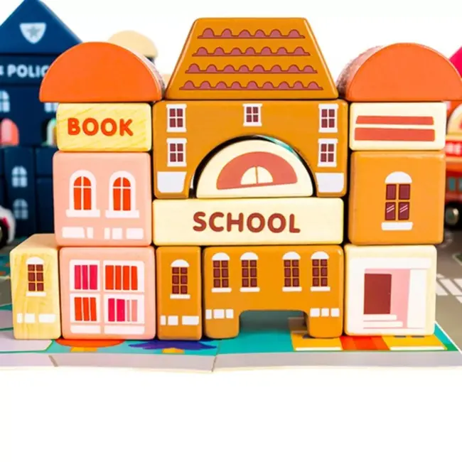 Kruzzel Houten Blokkenset 115 Stuks - Bouw Je Eigen Stad met Puzzelmat