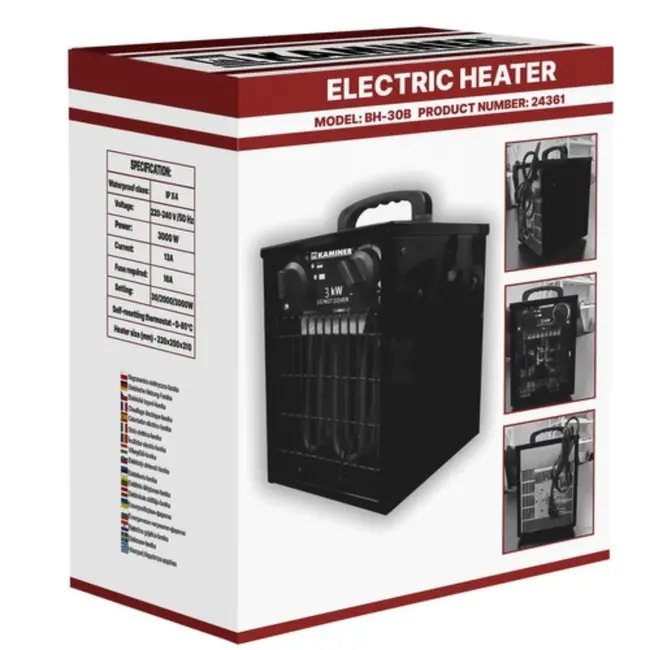 Kaminer Elektrische Heater 3kW - Krachtige Ventilatorkachel met Thermostaat en Oververhittingsbeveiliging