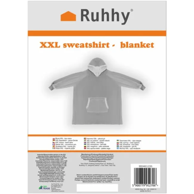 Ruhhy XXL Deken Sweatshirt - Oversized Grijze Hoodie van Flanel voor Ultiem Comfort