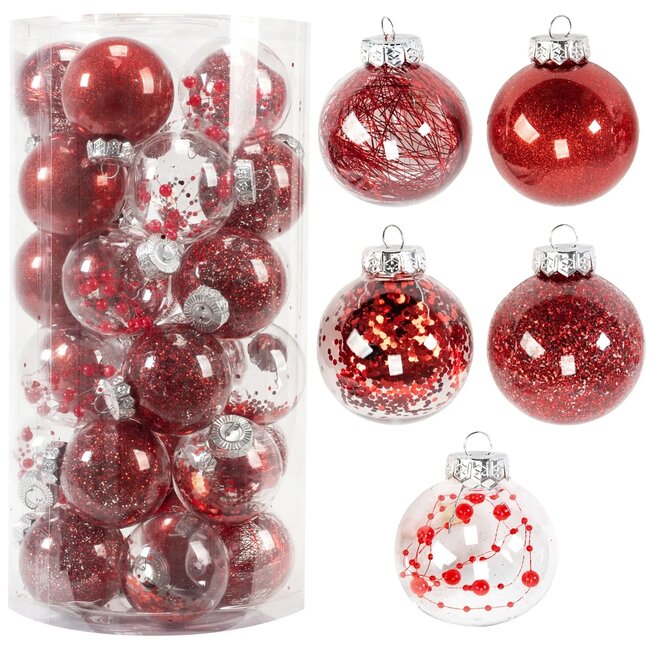 Merkloos 30-delige kerstballenset - rood - diverse designs - breukvast kunststof