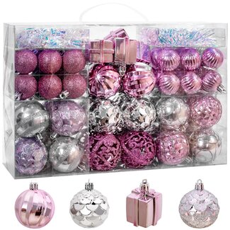 Merkloos 72-delige kerstballenset - breukvast kunststof - roze en zilver - diverse designs Merkloos 72-delige kerstballenset - breukvast kunststof - roze en zilver - diverse designs