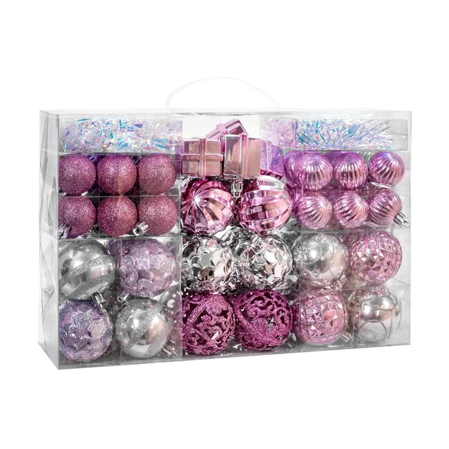 REA 72-delige kerstballenset - breukvast kunststof - roze en zilver - diverse designs