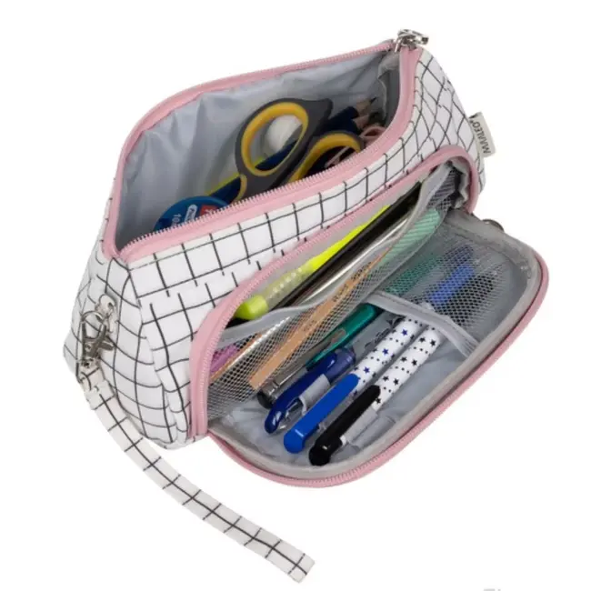 Maaleo Dubbele Uitbreidbare Etui - Wit Geruit - Twee Compartimenten - Mesh Organizer