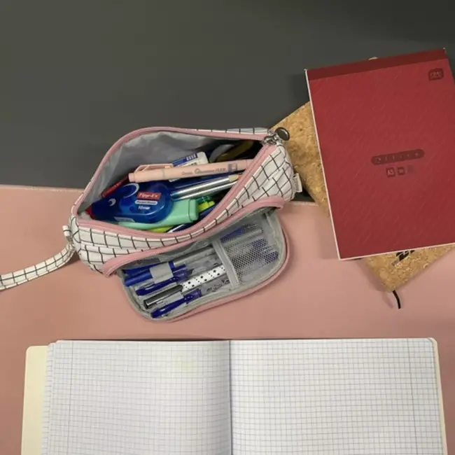 Maaleo Dubbele Uitbreidbare Etui - Wit Geruit - Twee Compartimenten - Mesh Organizer