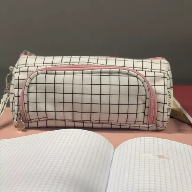 Maaleo Dubbele Uitbreidbare Etui - Wit Geruit - Twee Compartimenten - Mesh Organizer