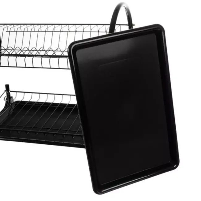 Ruhhy tweelaags afwasrek - Stijlvol zwart afdruiprek met beker- en bestekhouder