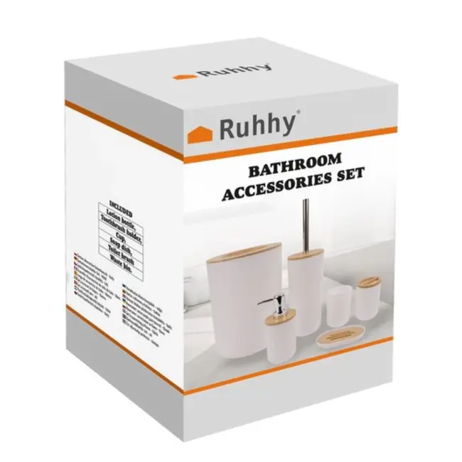 Ruhhy Badkameraccessoires Set - 6-delig - Wit en Bamboe - Stijlvolle en Functionele Badkamerinrichting