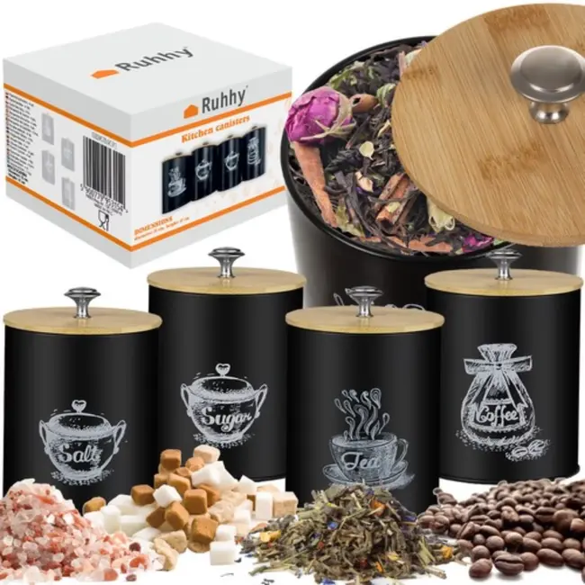 Ruhhy Voorraadpotten Set - 4-delig - Matzwart en Bamboe - Stijlvolle Keukenopslag