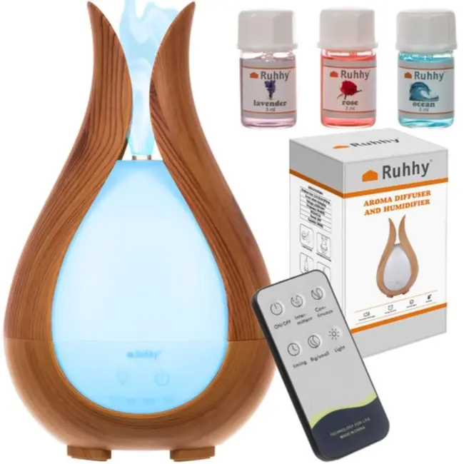 Ruhhy Aroma Diffuser - 200ml Luchtbevochtiger met LED Verlichting en Essentiële Oliën - Stijlvol Houten Design