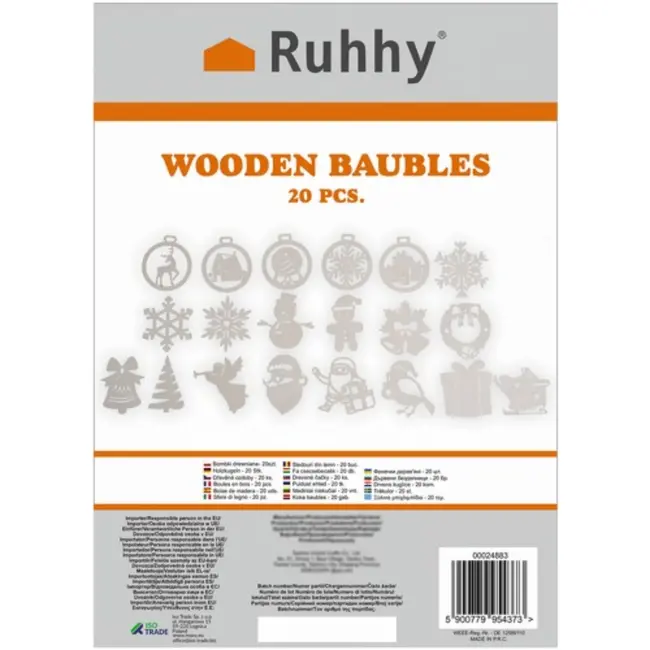 Ruhhy Houten Kerstballen – 20 stuks, Wit, Breukbestendig – Perfect voor Kerstboomdecoratie